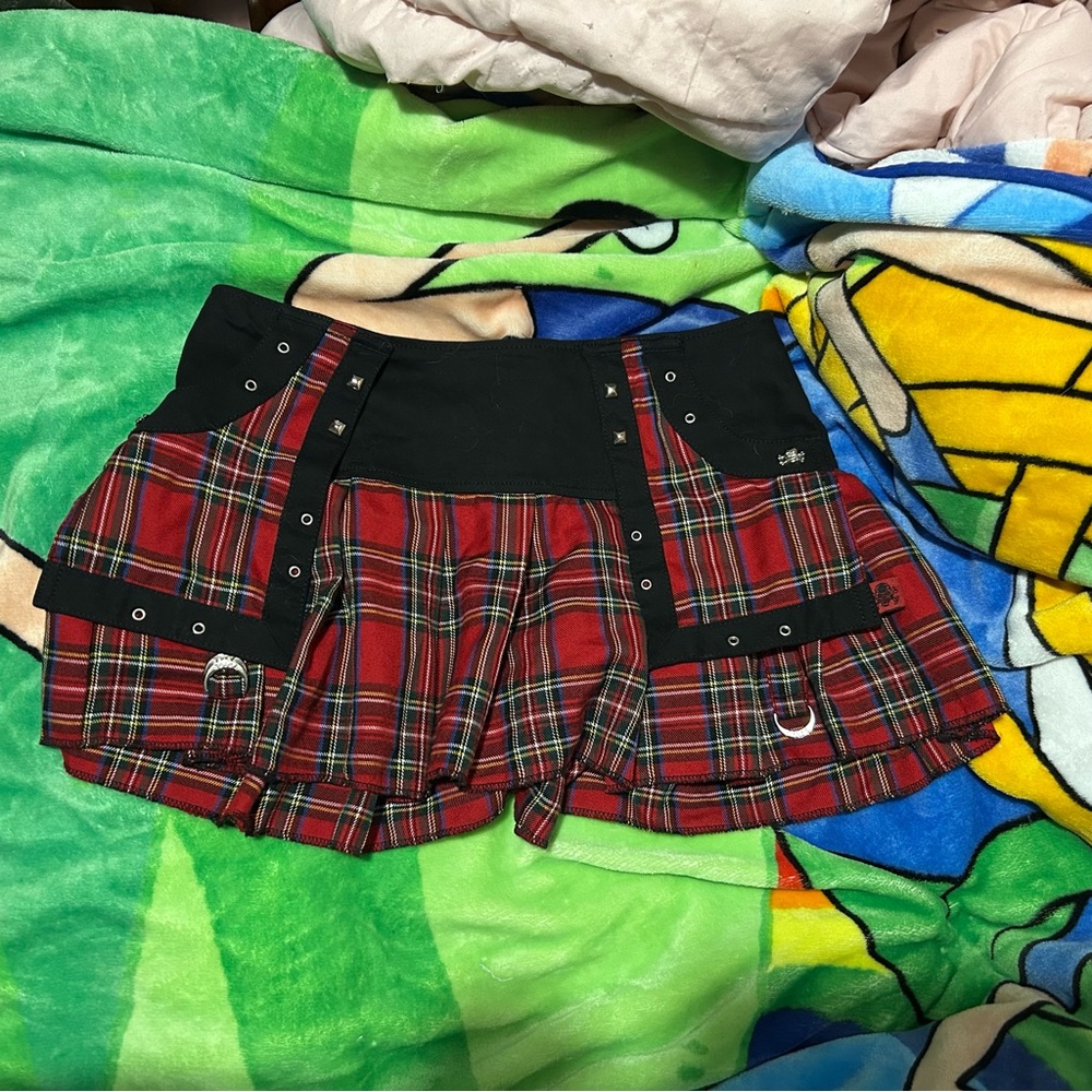 Red Plaid Mini Skirt with Black Accents